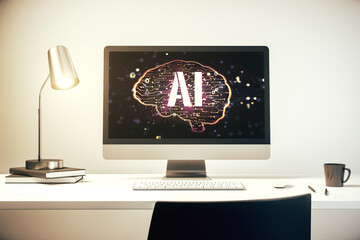 Aufkleber - Modern computer monitor with creative artificial Intelligence symbol. Neural networks and machine learning concept. 3D Rendering
