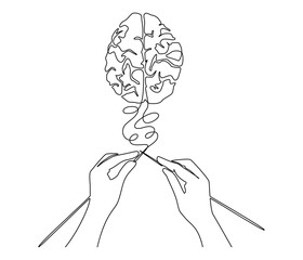 Poster - Continuous one line drawing of human hands knitting brain. Mental health and psychotherapy concept in simple linear style. Editable stroke. Doodle outline vector illustration