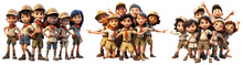 Group Of Boys And Girls Scout. Cute Little Kids Wear Scout Honor Uniform. 3D Render Character Cartoon Style Isolated On Transparent Background