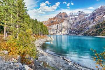Wall Mural - fabulous autumn view of oeschinensee lake.