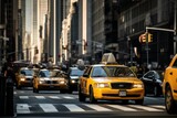 Fototapeta Nowy Jork - Hyper-Realistic NYC Hustle: Rush Hour at Bustling Intersection with Taxis, Crowded Streets, and Iconic Skyline
