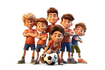 Wall Mural - 3d male kids football players. young Soccer team Cartoon soccer player. 3D render character cartoon style Isolated on transparent background