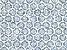 Seamless French Farmhouse Linen Printed Winter Damask Background. Provence Blue Gray Linen Pattern Texture. Shabby Chic Style Festive Snowflake Woven Flax Background. Textile Rustic All Over Print
