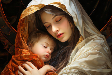 Wall Mural - Mary holding jesus in her arms. Woman holding an baby. Graphic representation. AI generativ.