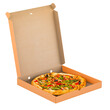 Opened pizza box with pizza, 3D rendering isolated on transparent background
