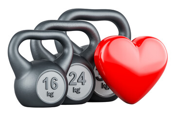 Poster - Kettlebells with red heart. Sport love, concept. 3D rendering isolated on transparent background