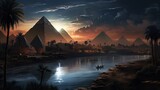 Fototapeta Natura - Landscape with ancient Egyptian pyramids, beautiful sunset. AI generation