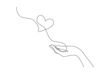One Continuous Line Drawing Of Hands Holding Heart. Concept Of Love Relationship And Volunteer Organisation Symbol In Simple Linear Style. Editable Stroke. Doodle Vector Illustration