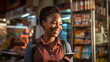 An enthusiastic and cheerful African woman, working as a seller, engages in exemplary customer service. She showcases prices on a calculator, explains product quality and insurance 