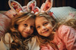 Slumber party timeless childhood tradition. Little Girls relaxing on bed. Slumber party concept. Girls just want to have fun. Invite friend for sleepover. Best friends forever