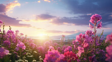Summer Flower Meadow Wildflower Field Pink With Morning Sunlight, Idyllic Spring Background With Blossoming Lilac Bushes Flowers And Pink Wildflowers On Meadow. Pink Morning Clouds On Blue Sky Over