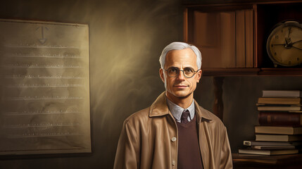 Wall Mural - Generative AI, a gray-haired old mature professor in glasses stands against the backdrop of a university office, an audience, a researcher, a scientist, a doctor of science, a lecturer