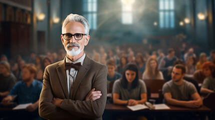 Wall Mural - Generative AI, a gray-haired old mature professor in glasses stands against the backdrop of a university office, an audience, a researcher, a scientist, a doctor of science, a lecturer