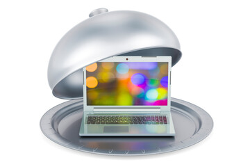 Wall Mural - Restaurant cloche with laptop, 3D rendering