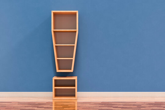Exclamation mark as bookshelf in interior, 3D rendering