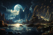 Wasser und Sterne in Lunarpunk-Stil: Realistische Fantasielandschaft mit Detailreichtum