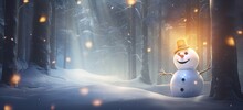 A Snowman Is Sitting Inside A Forest Background Generative AI