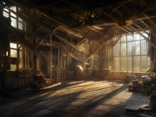 The Interior Of A Large Derelict Old Wooden Rural Barn With Atmospheric Sunlight Coming Through Windows And Scattered Farm Equipment. Generative Ai Art