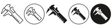 Vernier Caliper Symbol Icon. Vector Set Of Accurate Diameter Of Any Object Measurement Tool Use In Various Industrial Work. Flat Outlined Logo Of Micrometer Ruler Equipment For Precise Length Dial