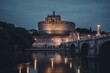 Twilight view of a lit mausoleum, Castel Sant'Angelo, seen from Sant'Angelo Bridge. Generative AI