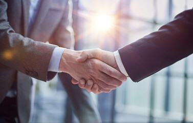 Wall Mural - Two diverse professional business men executive leaders shaking hands at office meeting