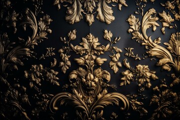 Wall Mural - Luxury damask wallpaper with golden floral pattern on isolated black background. Generative AI