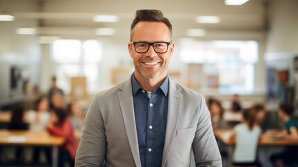 a photo portrait of a handsome american male school teacher with glasses standing in the classroom. students sitting and walking in the break. blurry background behind. Generative AI