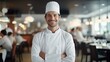 closeup photo portrait of a handsome young italian american chef cook with white uniform standing. guests eating in the restaurant. blurry food restaurant kitchen in the background. Generative AI