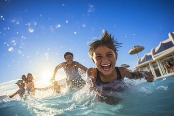 Poster - Happy children swim in water park