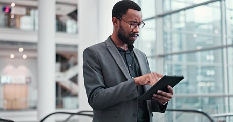 Poster - Thinking, tablet and business with black man at hotel for networking, conference and planning. Digital, schedule and technology with employee and search online report for data, internet or connection