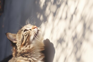 Wall Mural - A cat that is looking up at the sky. Digital image. Copy space, place for text.