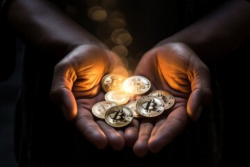 Poster - Bitcoin coins on palms of your hands.