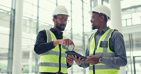 Fototapete - Tablet, teamwork and engineer people talking about planning, project management and renovation. Construction, maintenance app and internet with black men or staff at office building with technology