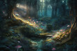 Magical dark fairy tale forest at night with glowing lights and magic mushrooms. Fantasy wonderland landscape with mushrooms. Amazing nature landscape. Illustration with AI generation.