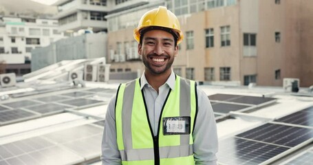Aufkleber - Man, face and construction worker, solar panels and maintenance, urban infrastructure on rooftop. Asian builder outdoor, portrait and renewable energy with photovoltaic, contractor and sustainable
