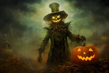 Oil Painting Of A Frightening Halloween Scarecrow Jackolantern On The Style Of Classic Fantasy Illustration, Green Rim Light In The Fog | Generative AI