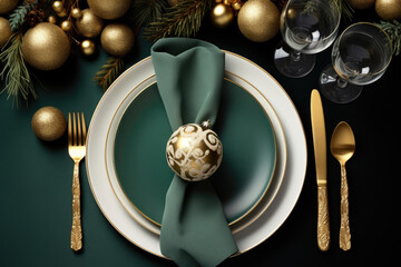 Wall Mural - Christmas or new year table setting with golden cutlery Generative AI