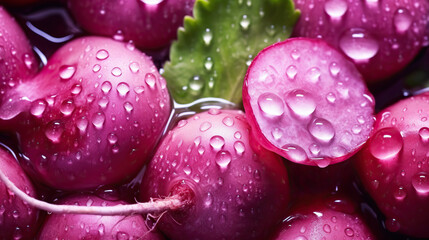  Closeup beautiful texture of fresh red,purple radish head with water drops.vegetable background.healthy eating with organic food ingredient.generative