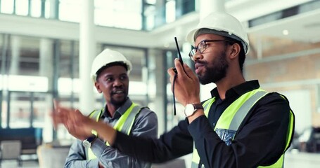 Poster - People, teamwork and engineer talking on a walkie talkie for project management and planning. Construction, maintenance and inspection with black men or staff at office building with communication