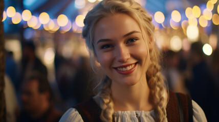 Wall Mural - typical young adult woman, caucasian blonde 20s, joyful smile and having fun at oktoberfest or folk festival, wearing a bavarian style dirndl