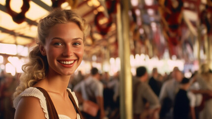 Wall Mural - typical young adult woman or teenage girl, caucasian blonde 20s, happy smiling and having fun at oktoberfest or folk festival, wearing a bavarian style dirndl