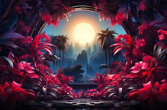 neon plant frame with tulips and palm trees