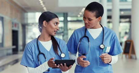 Poster - Nurses, tablet and walking in a hospital for medical planning, discussion and internet. Healthcare women working together with collaboration, teamwork or technology for doctor app, medicine and care