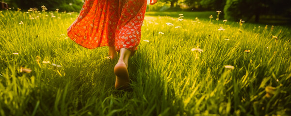 a woman walks barefoot on meadow green grass. close-up.A woman walks barefoot in nature, the concept of grounding, health and unity with nature.