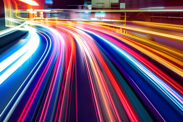 abstract long exposure dynamic speed light trails background in the night city