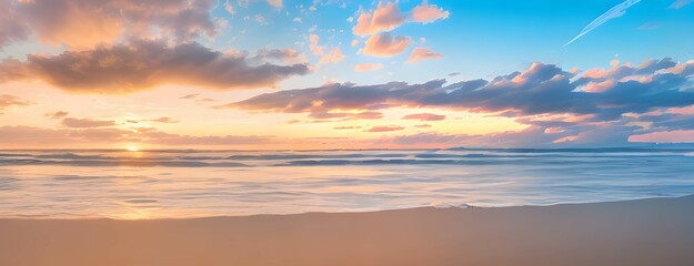 Wall Mural - 青空とオレンジ色の夕焼けがグラデーションするビーチの美しい風景