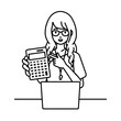 © 9bdesign - 座ってデスクでノートPCを開いて電卓を指差してこちらに向けて見せている教師の女性