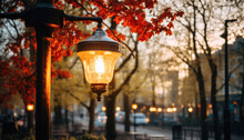 A Street Lamp In A Park With Autumn Trees In The Background. The Street Lamp Is A Black Metal Pole With A Glass Lantern On Top
