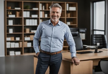 Wall Mural - Happy middle aged CEO standing confidently in office with hands in pockets