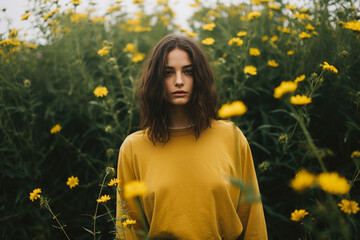 Woman standing in a field of yellow flowers. She wearing a yellow sweater and have shoulder-length hair, green foliage, moody, dreamy